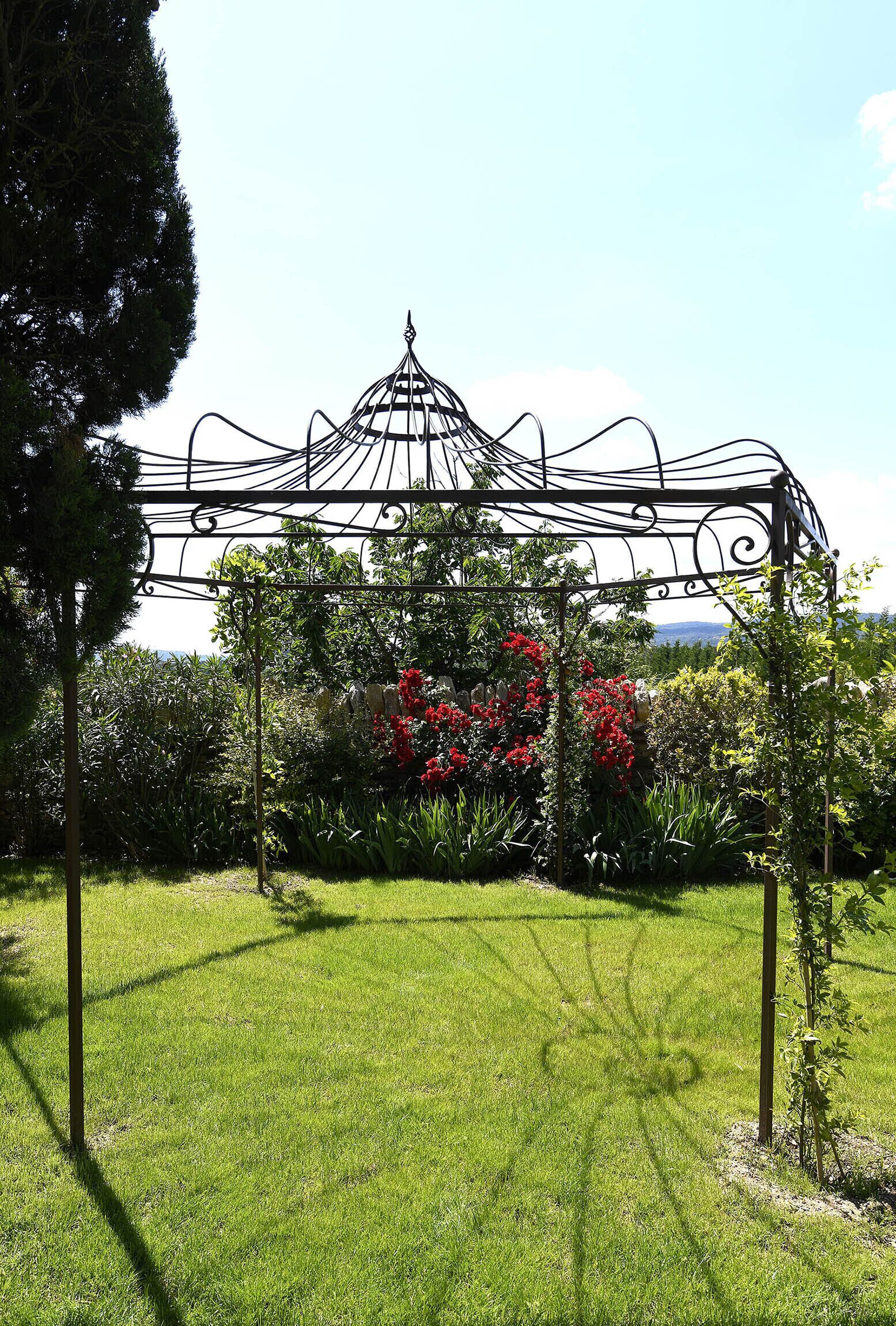A garden with a metal gazebo structure, surrounded by lush greenery and flowering plants.