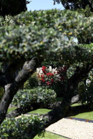 A garden with a gravel path, stone wall, and red flowers. - Gîte-Ensuite with Shower-Countryside view (Roussillon)