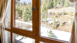 Ein schmiedeeisernes Fenster mit Blick auf eine bewaldete Landschaft und einen Steinweg.