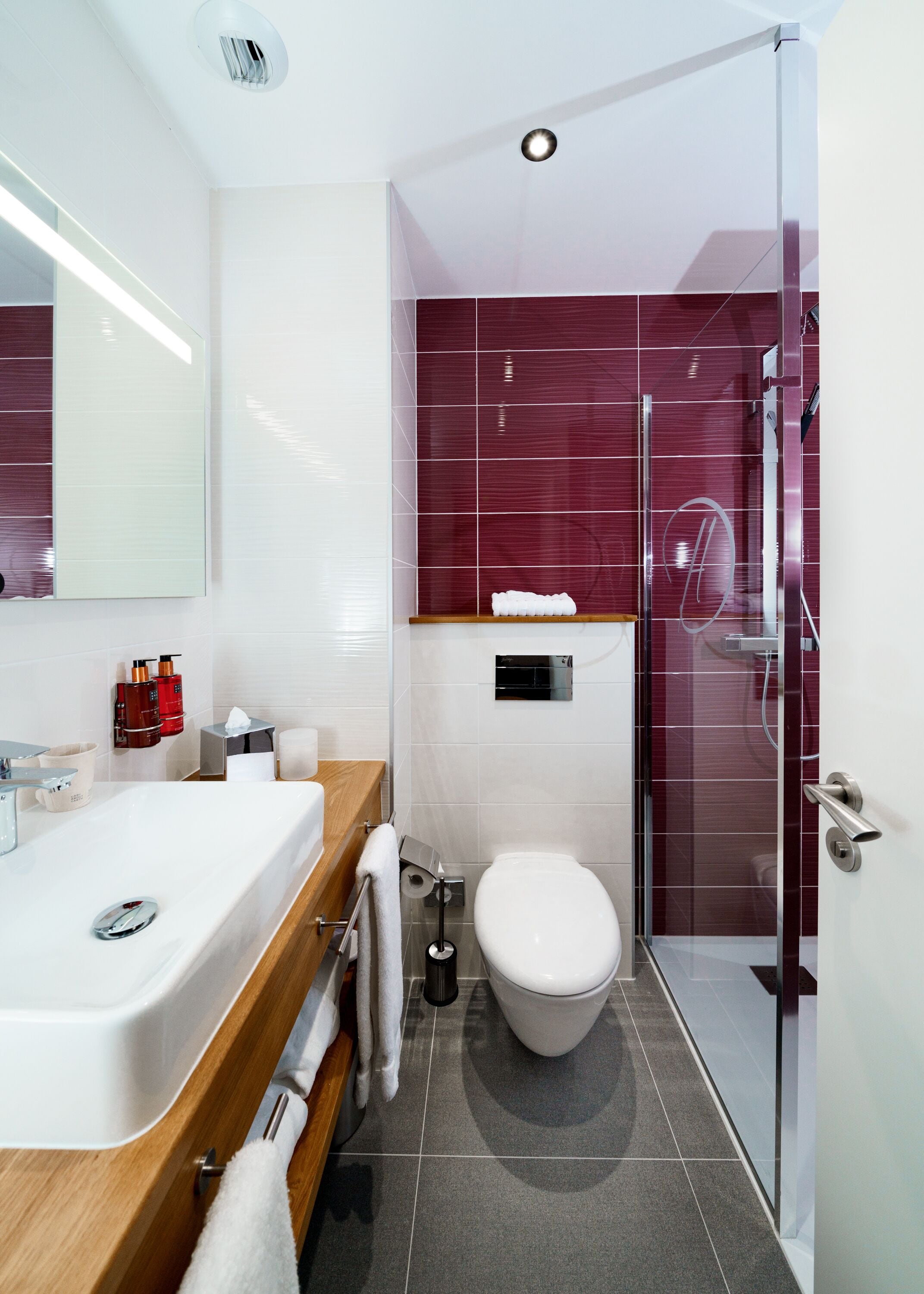 shower, rainfall showerhead, designer toiletries, hair dryer