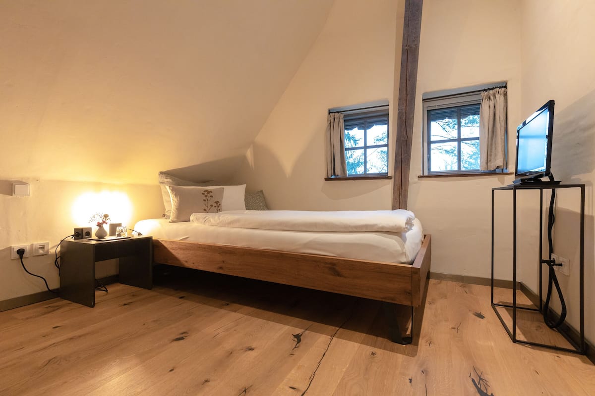 A bedroom with a wooden bed, a nightstand, a desk, a TV, and two windows with curtains.