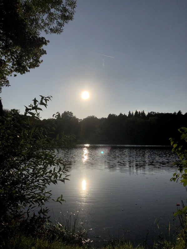 A calm lake with reflections of the sun and surrounding trees. - New, modern vacation home with a stunning view in the countryside (Mücke)