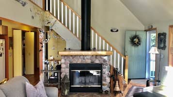 Smart TV, fireplace, books