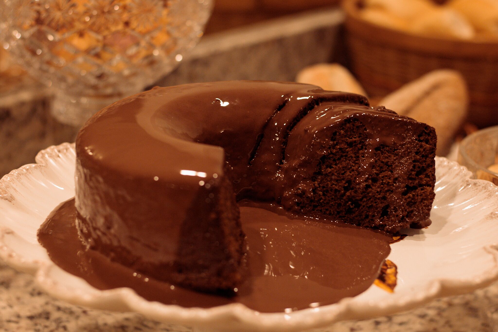 A chocolate dessert on a white plate.