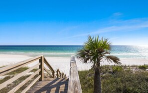 A wooden boardwalk leading to a beach with clear blue water and a palm tree.