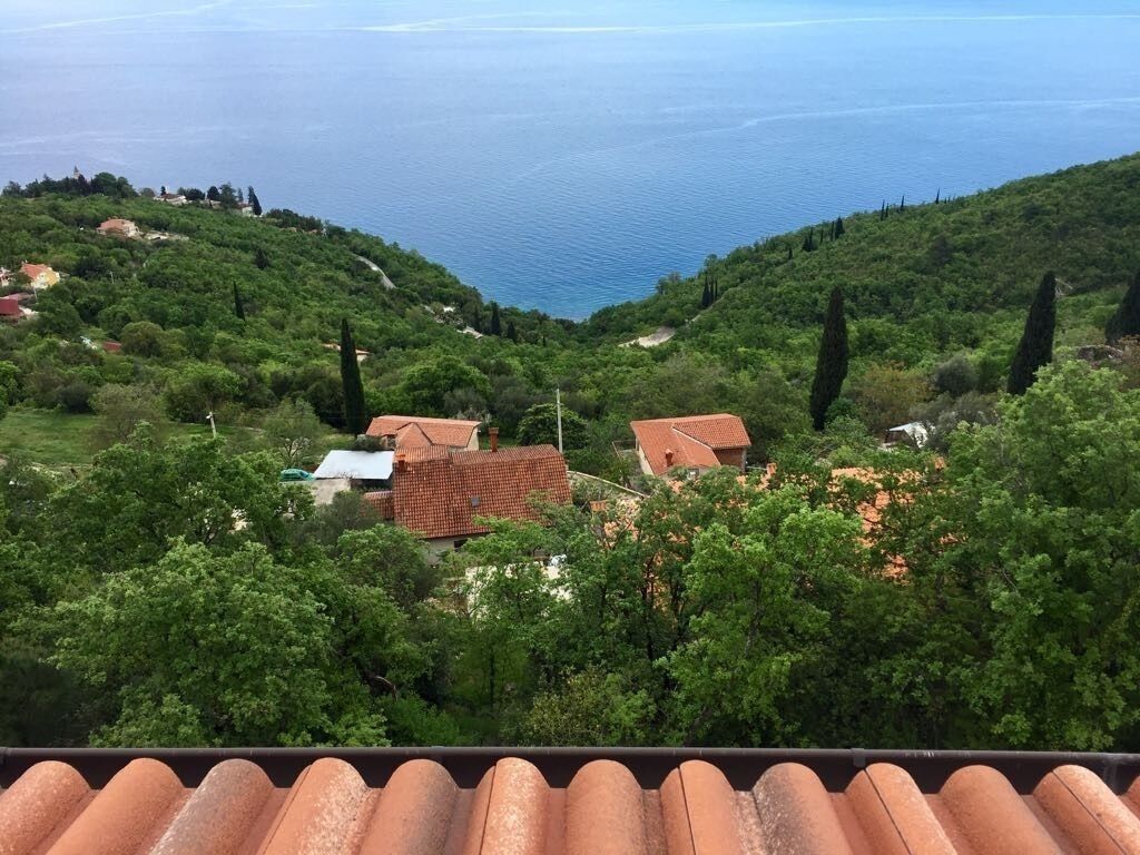 A coastal village with terraced houses, a sea view, and lush greenery.