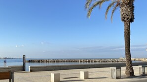 Una mesa con alimentos para el desayuno, una palmera y vista al mar.