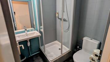 Un baño con ducha de vidrio, un lavabo con espejo y un inodoro.