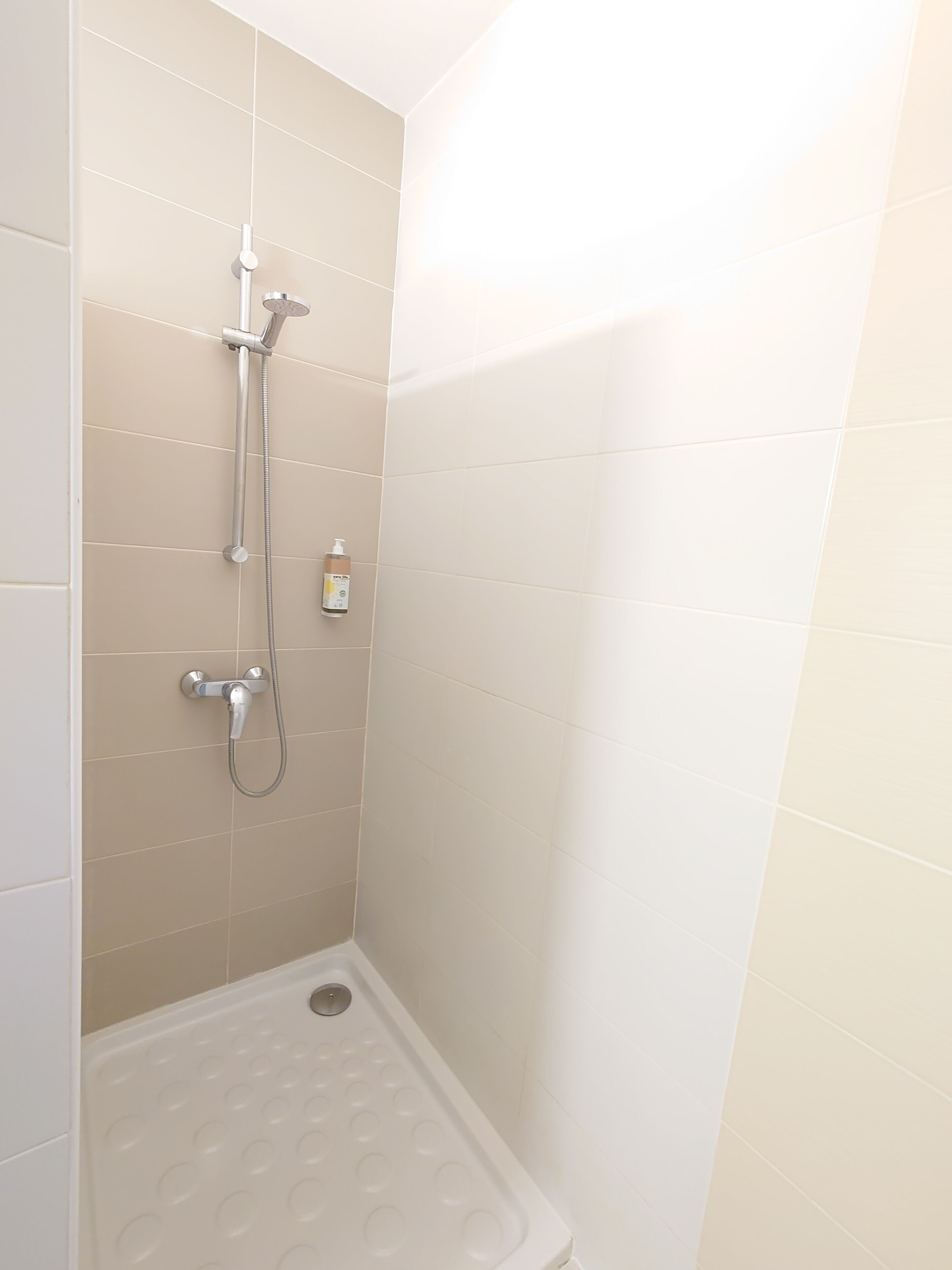 A small, modern shower area with a handheld showerhead and a fixed showerhead, a handheld soap dispenser, and a single white tile wall.