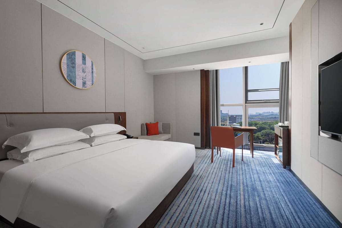 A hotel room with a large bed, a desk, a chair, a TV, and a window with a city view.