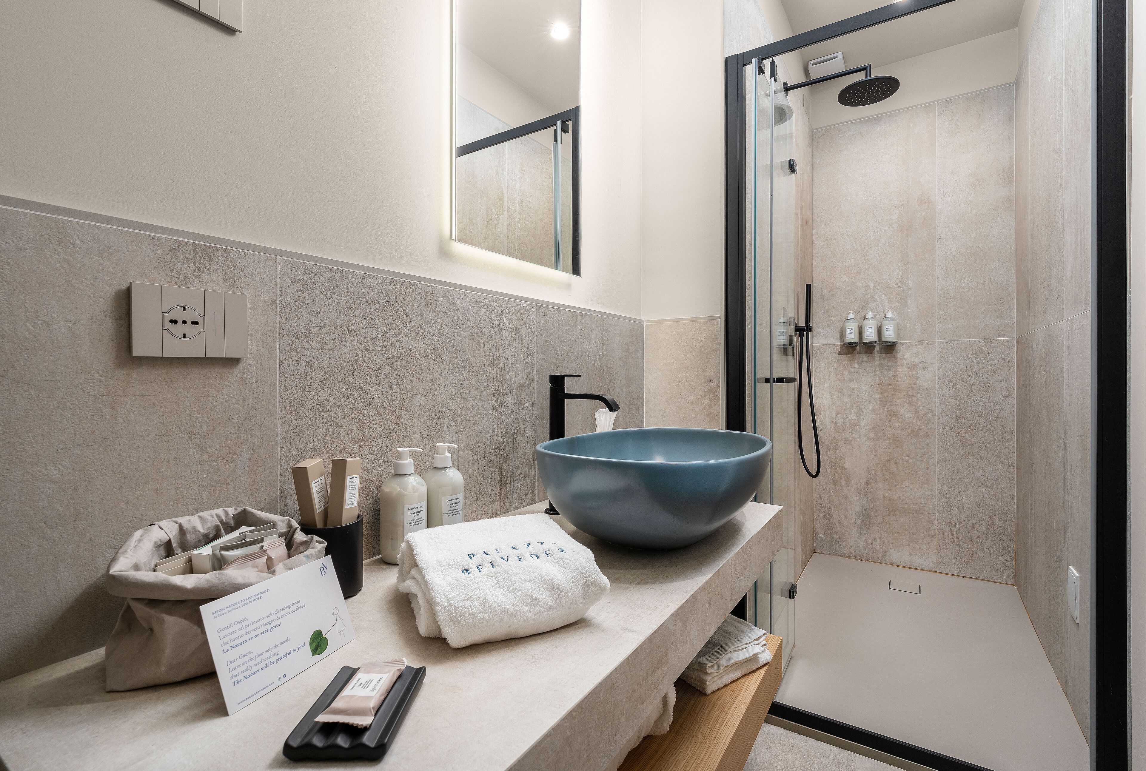 rainfall showerhead, hair dryer, bidet, towels