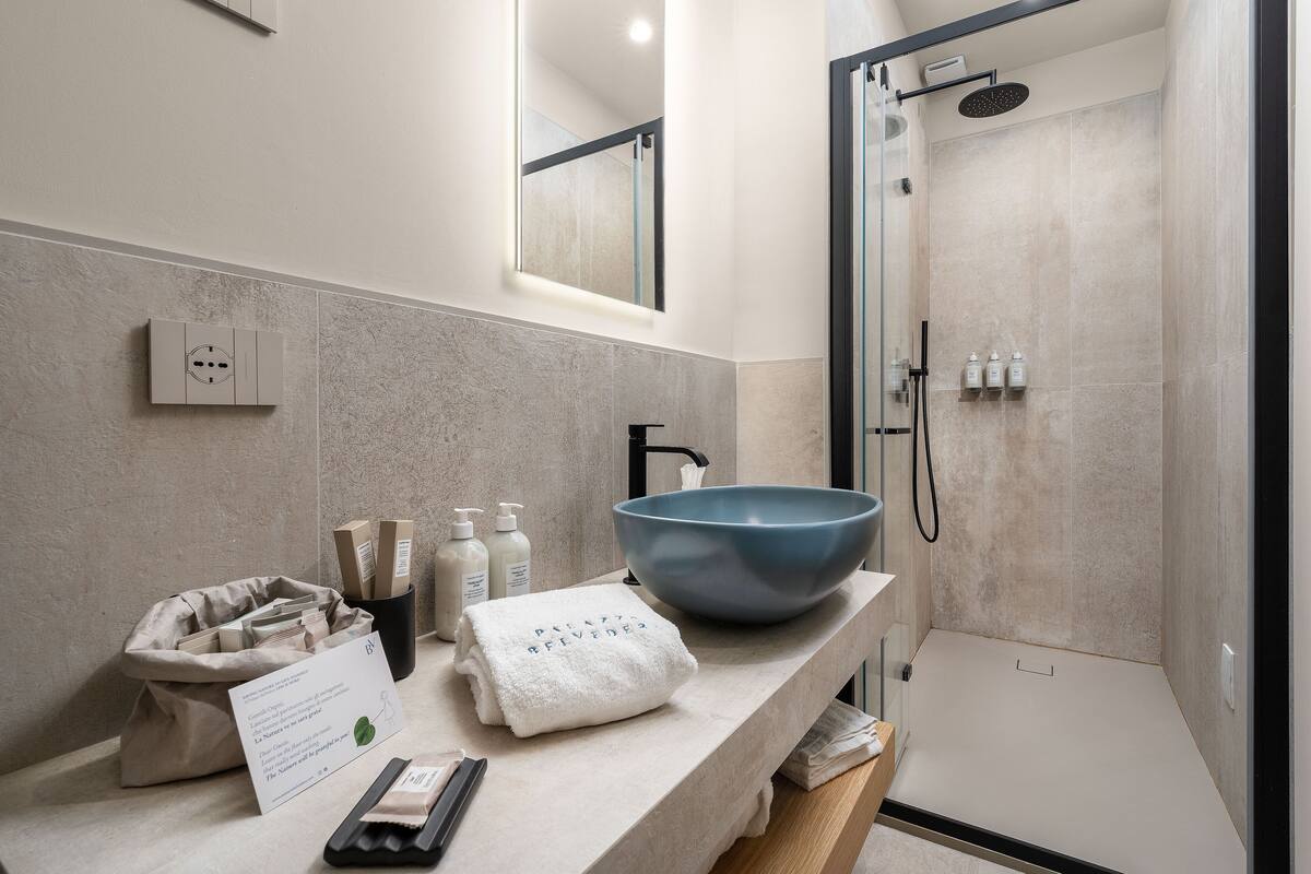 rainfall showerhead, hair dryer, bidet, towels