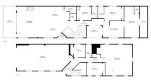Ein Grundriss eines Hotels mit Familienzimmer, Essbereich, Küche, mehreren Schlafzimmern, einem Balkon, einer Garage und einem Wohnzimmer.