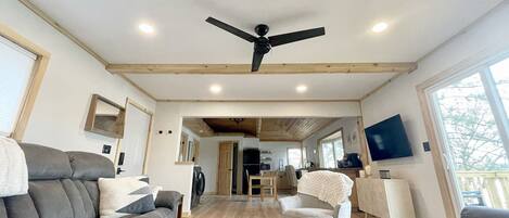 Smart TV, chimenea, libros y estéreo