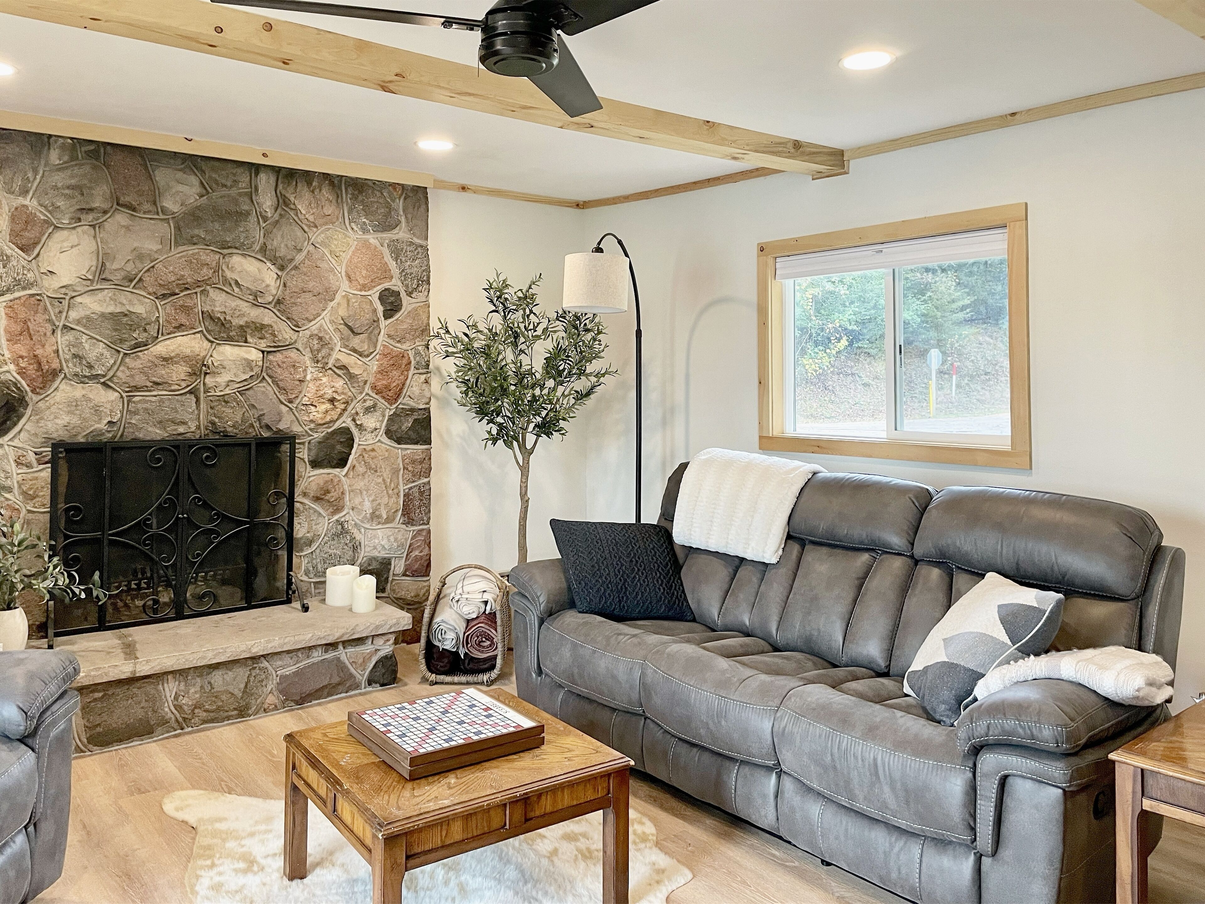 Smart TV, fireplace, books, stereo