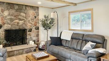 Smart TV, fireplace, books, stereo