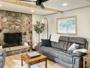 Smart TV, fireplace, books, stereo