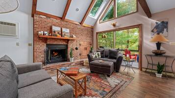 Smart TV, fireplace, books, stereo