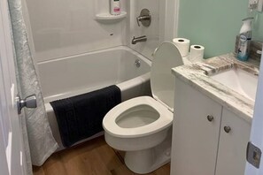 Combined shower/bathtub, hair dryer, towels