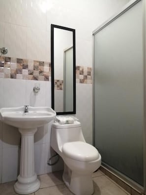 A bathroom with a pedestal sink, toilet, and a mirror.