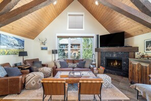 Televisión, chimenea y libros 