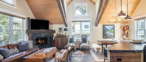 Televisión, chimenea y libros