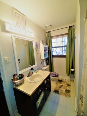Combined shower/bathtub, hair dryer, towels, soap - Make Casa Cabina Your Next Vacation Rental (Henderson)