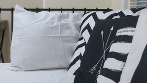 A bed with white and black striped pillows, a white pillow, and a painting of a landscape on the wall. - Cozy Home, Minutes from Killington! Washer/Dryer & Free Disney+/Peacock! (Mendon)