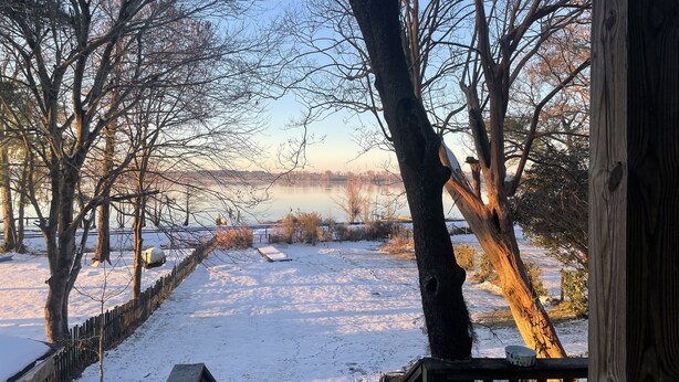 A snow-covered pathway leading to a lake with bare trees and a wooden fence.