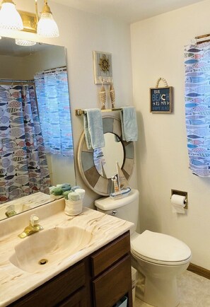 Combined shower/bathtub, hair dryer, towels, soap