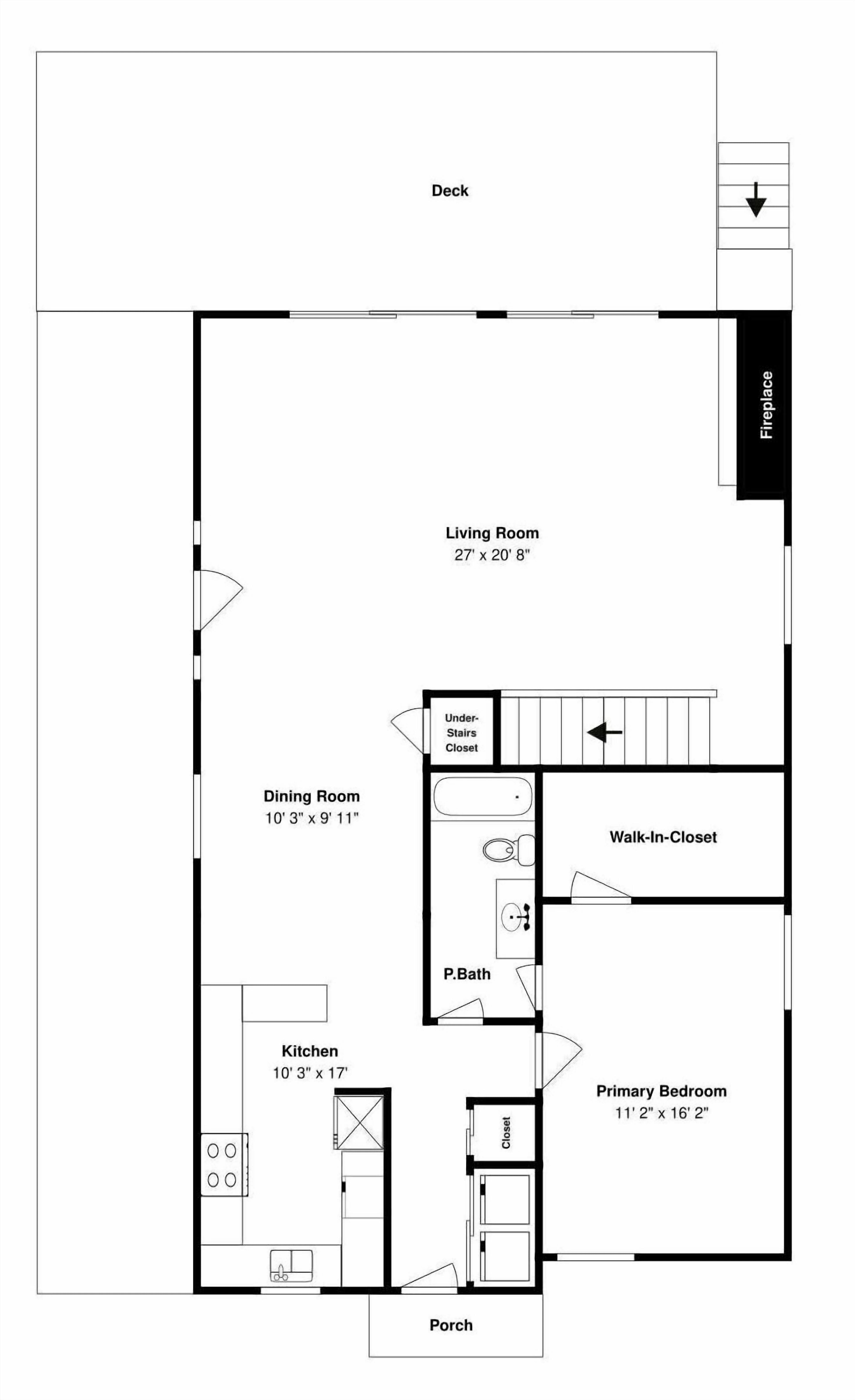 A floor plan of a house with a deck, living room, dining room, kitchen, primary bedroom, walk-in closet, under-stairs closet, bathroom, and porch.