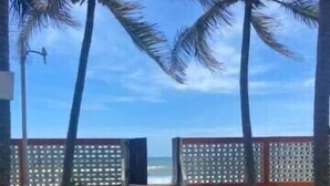 Een pad dat naar een strand leidt, met palmbomen en een hek.