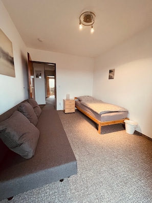 Ein Schlafzimmer mit einer Schlafcouch, einem Bett, einem kleinen Nachttisch, einem Mülleimer und einer Deckenleuchte.