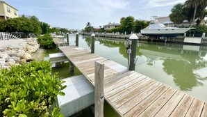 Een houten steiger die uitsteekt in een rustig water, omringd door groen en woongebouwen.