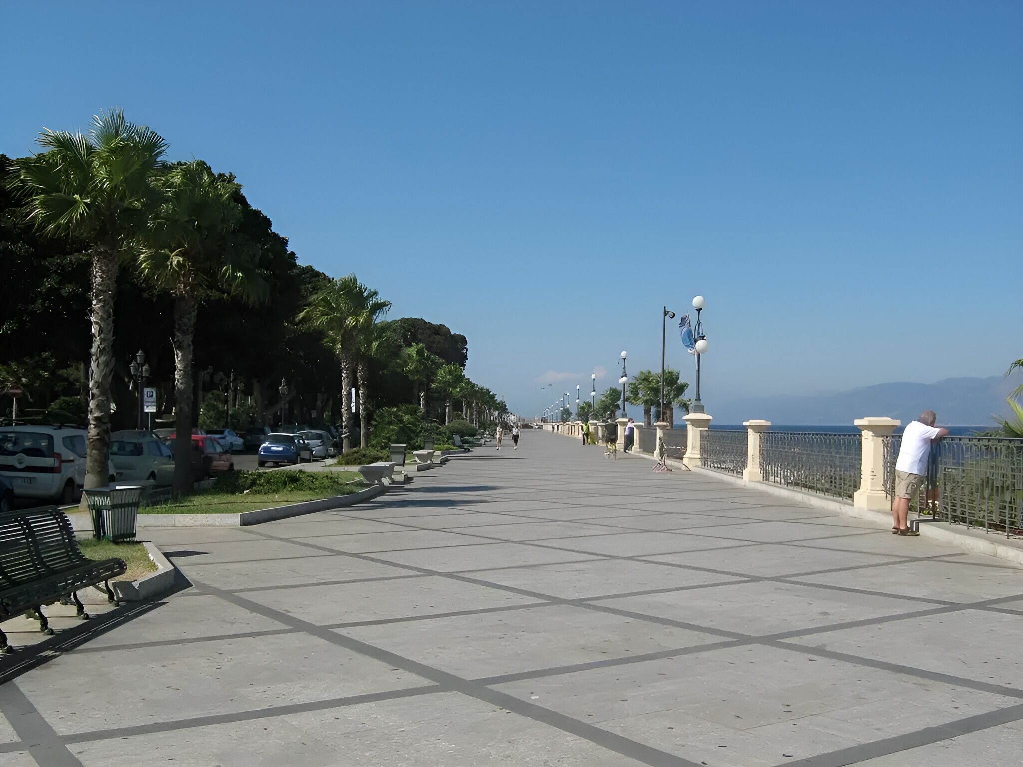 A paved walkway with benches, palm trees, and a railing overlooking a body of water.