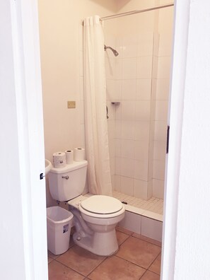 Een haardroger, handdoeken, zeep, toiletpapier