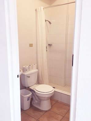 Een haardroger, handdoeken, zeep, toiletpapier
