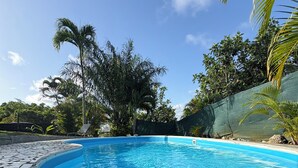 Une piscine bordée de pierres, entourée de galets et de palmiers.