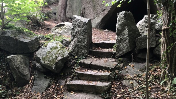 A stone staircase leading up a rocky path surrounded by trees and foliage. - Hus vid Kjugekull (Fjälkinge)
