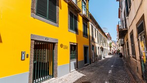 Una estrecha calle adoquinada flanqueada por edificios amarillos, cada uno con un estilo arquitectónico diferente y puertas visibles.