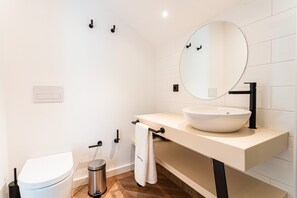 A modern bathroom with a toilet, sink, and mirror.