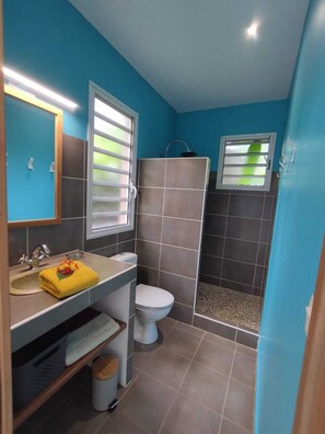 Baignoire, séchoir à cheveux, serviettes fournies