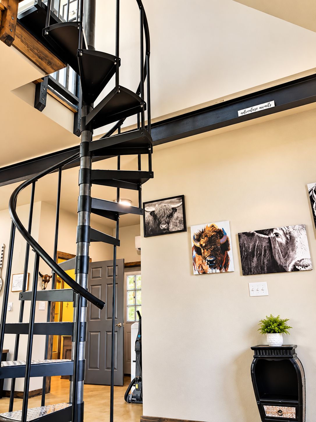 A spiral staircase with a black metal frame, a door leading to another room, and a vacuum cleaner on the floor.