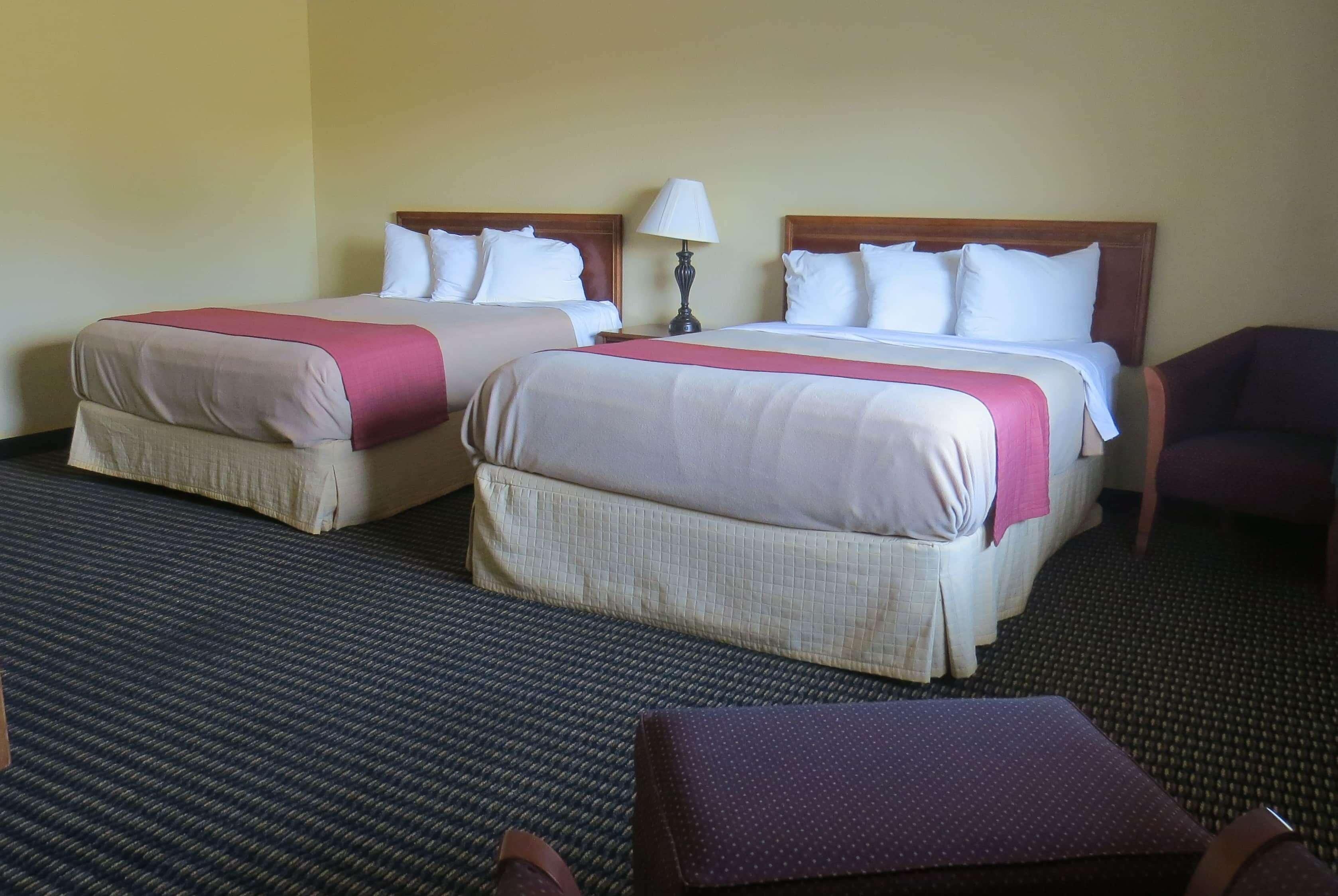 Two beds with headboards, a nightstand with a lamp, and a chair in a hotel room.