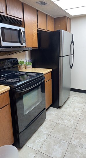 Kitchen area with a stove, microwave, and refrigerator, complete with cabinetry and a countertop.