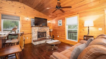 Smart TV, chimenea y libros