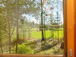 Una finestra con vista su una foresta e un campo.