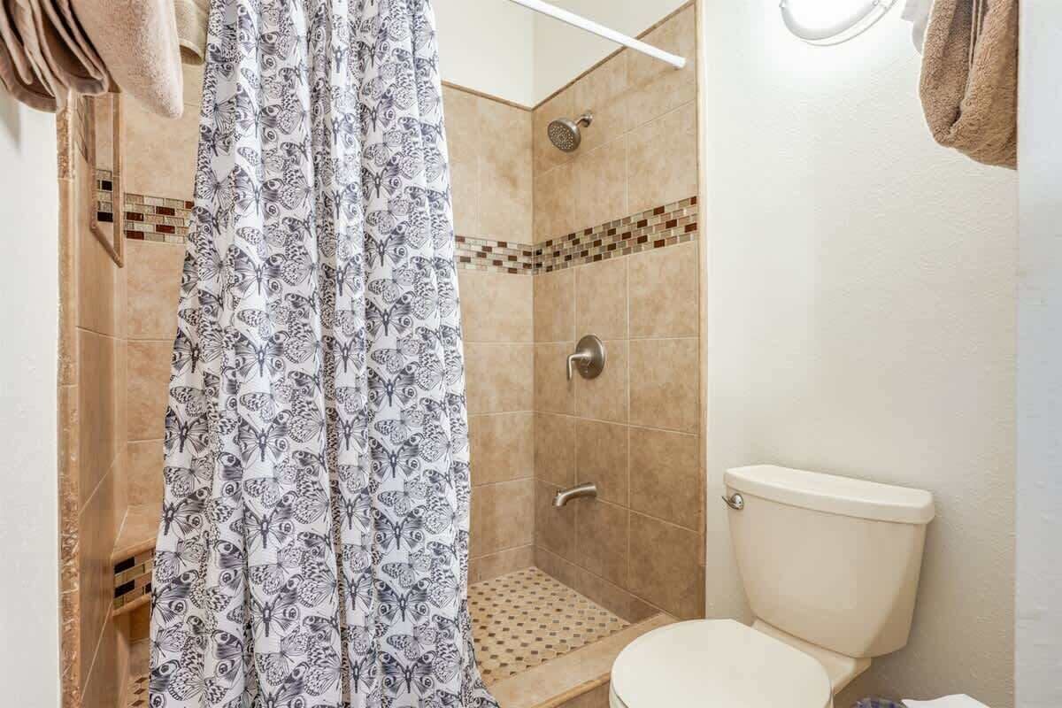 Combined shower/tub, hair dryer, towels