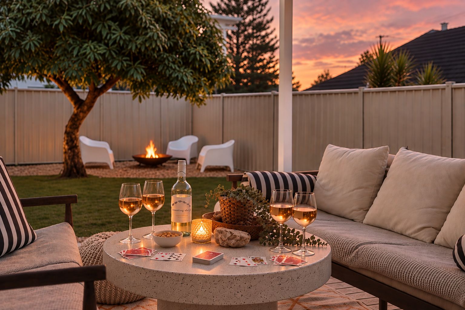 An outdoor seating area with a round table, chairs, and a fire pit.