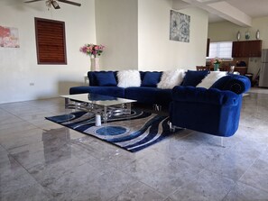 Una sala de estar con un sofá seccional azul, una mesa de centro de vidrio y un tapete estampado.